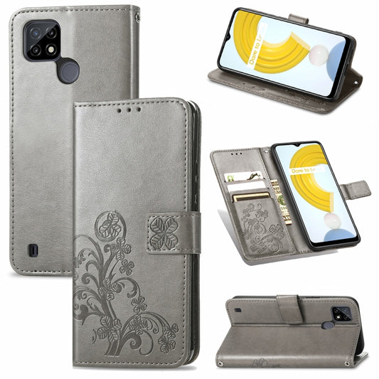 For OPPO Realme C21Y Four-leaf Clasp Embossed Leather Case with Lanyard & Card Slot & Wallet & Holder(Grey) - Realme Cases by buy2fix | Online Shopping UK | buy2fix