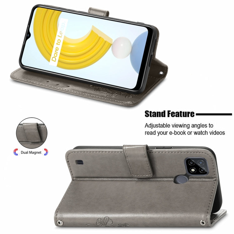 For OPPO Realme C21Y Four-leaf Clasp Embossed Leather Case with Lanyard & Card Slot & Wallet & Holder(Grey) - Realme Cases by buy2fix | Online Shopping UK | buy2fix