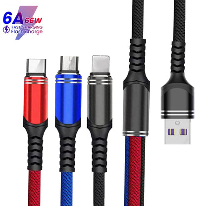 XJ-78 66W 6A 3 in 1 USB to 8 Pin + Type-C + Micro USB Super Flash Charging Cable, Length: 1.2m(Colour) - Multifunction Cable by buy2fix | Online Shopping UK | buy2fix