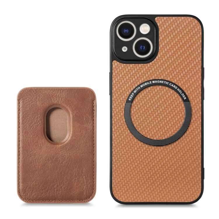 For iPhone 14 Plus Carbon Fiber Leather Card Magsafe Magnetic Phone Case(Brown) - iPhone 14 Plus Cases by buy2fix | Online Shopping UK | buy2fix