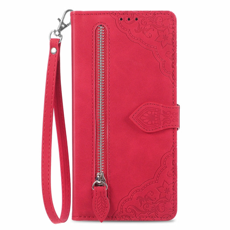 For OnePlus 12 Embossed Flower Zipper Leather Phone Case(Red) - OnePlus Cases by buy2fix | Online Shopping UK | buy2fix