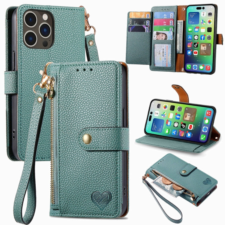 For iPhone 16 Pro Love Zipper Lanyard Leather Phone Case(Green) - iPhone 16 Pro Cases by buy2fix | Online Shopping UK | buy2fix