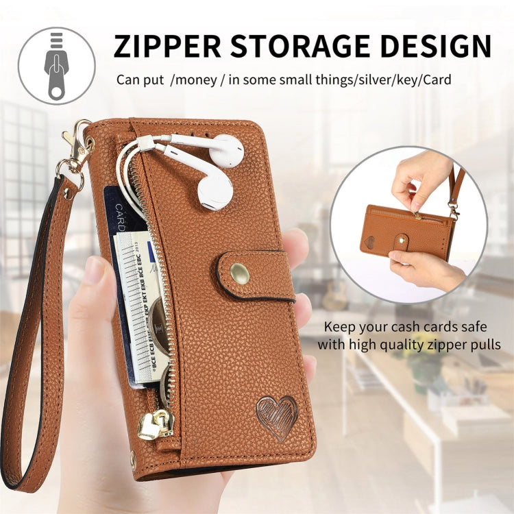 For iPhone 16 Pro Max Love Zipper Lanyard Leather Phone Case(Brown) - iPhone 16 Pro Max Cases by buy2fix | Online Shopping UK | buy2fix