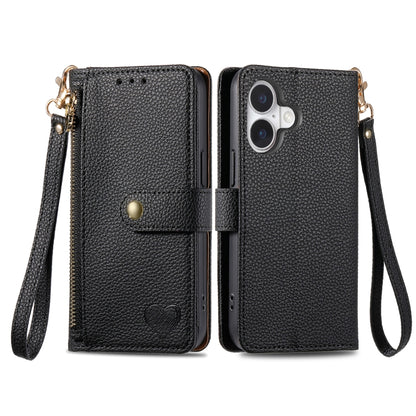 For iPhone 16 Pro Max Love Zipper Lanyard Leather Phone Case(Black) - iPhone 16 Pro Max Cases by buy2fix | Online Shopping UK | buy2fix