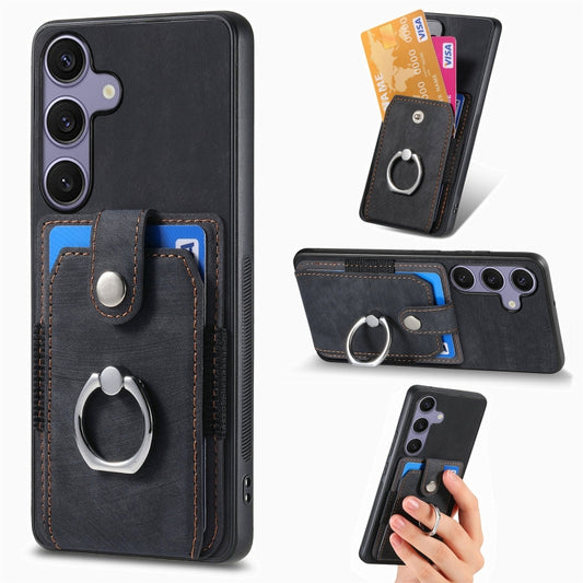 For Samsung Galaxy S25 5G Retro Skin-feel Ring Card Wallet Phone Case(Black) - Galaxy S25 5G Cases by buy2fix | Online Shopping UK | buy2fix