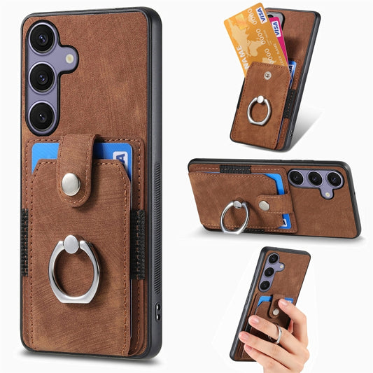 For Samsung Galaxy S25 5G Retro Skin-feel Ring Card Wallet Phone Case(Brown) - Galaxy S25 5G Cases by buy2fix | Online Shopping UK | buy2fix