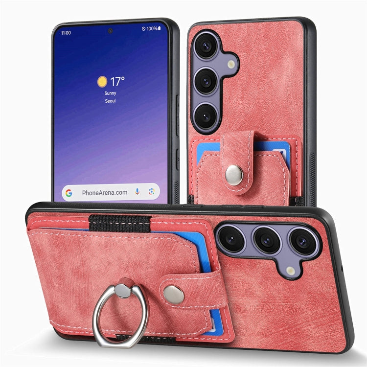 For Samsung Galaxy S25+ 5G Retro Skin-feel Ring Card Wallet Phone Case(Pink) - Galaxy S25+ 5G Cases by buy2fix | Online Shopping UK | buy2fix