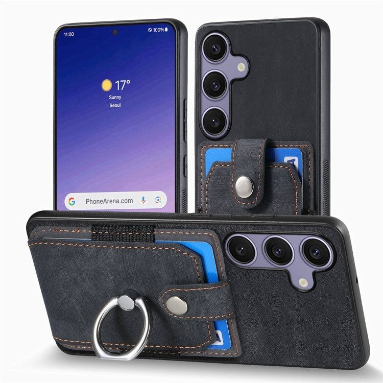 For Samsung Galaxy S25+ 5G Retro Skin-feel Ring Card Wallet Phone Case(Black) - Galaxy S25+ 5G Cases by buy2fix | Online Shopping UK | buy2fix