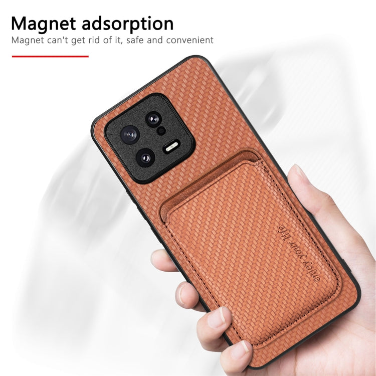 For Xiaomi 14 Carbon Fiber Leather Card Magnetic Phone Case(Brown) - 14 Cases by buy2fix | Online Shopping UK | buy2fix