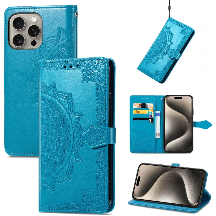 For iPhone 16 Plus Mandala Flower Embossed Leather Phone Case(Blue) - iPhone 16 Plus Cases by buy2fix | Online Shopping UK | buy2fix