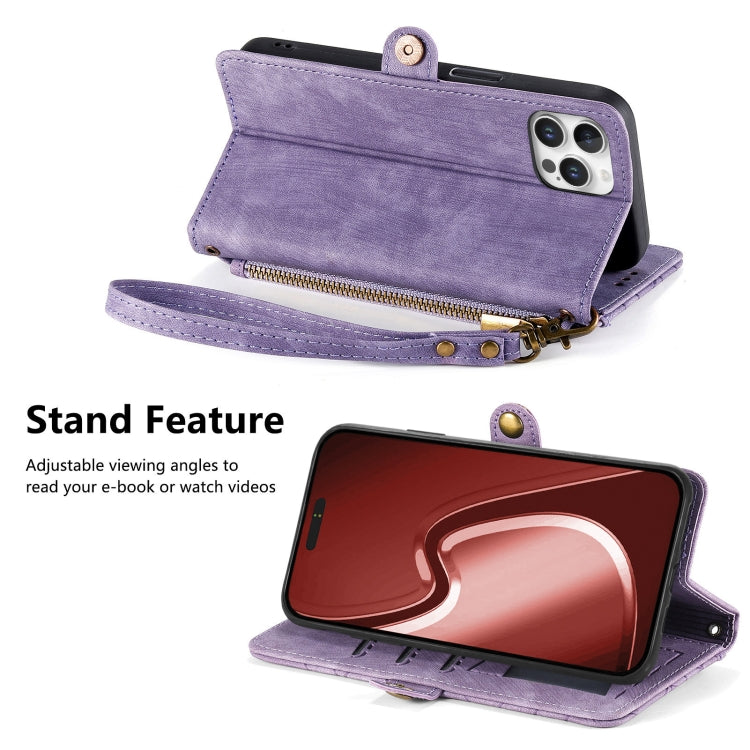 For iPhone 16 Pro Geometric Zipper Wallet Side Buckle Leather Phone Case(Purple) - iPhone 16 Pro Cases by buy2fix | Online Shopping UK | buy2fix