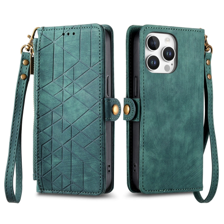 For iPhone 16 Pro Geometric Zipper Wallet Side Buckle Leather Phone Case(Green) - iPhone 16 Pro Cases by buy2fix | Online Shopping UK | buy2fix