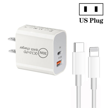 PD30W USB-C / Type-C + QC3.0 USB Dual Port Charger with 1m Type-C to 8 Pin Data Cable, US Plug - USB Charger by buy2fix | Online Shopping UK | buy2fix