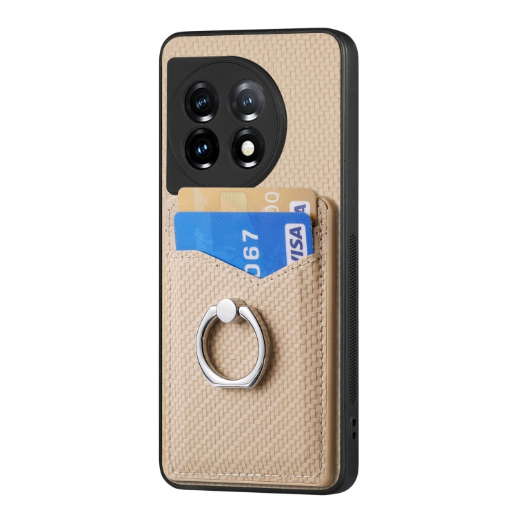 For OnePlus 11 Carbon Fiber Card Wallet Ring Holder Phone Case(Khaki) - OnePlus Cases by buy2fix | Online Shopping UK | buy2fix