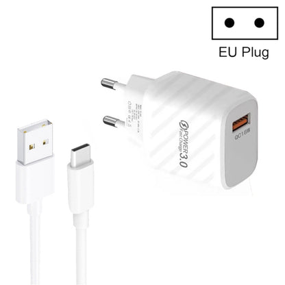 TE-005 QC3.0 18W USB Fast Charger with 1m 3A USB to Type-C Cable, EU Plug(White) - USB Charger by buy2fix | Online Shopping UK | buy2fix