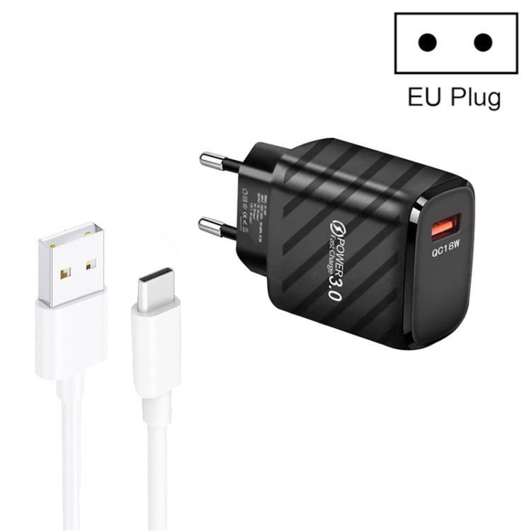 TE-005 QC3.0 18W USB Fast Charger with 1m 3A USB to Type-C Cable, EU Plug(Black) - USB Charger by buy2fix | Online Shopping UK | buy2fix