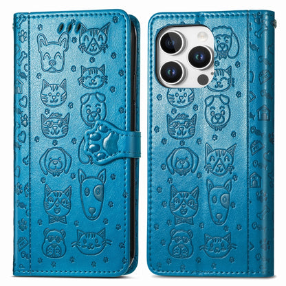 For iPhone 16 Pro Max Cat and Dog Embossed Leather Phone Case(Blue) - iPhone 16 Pro Max Cases by buy2fix | Online Shopping UK | buy2fix