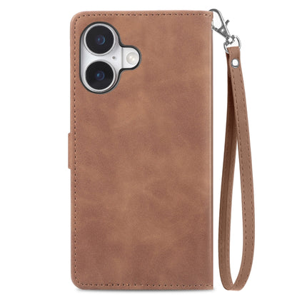 For iPhone 16 Embossed Flower Zipper Leather Phone Case(Brown) - iPhone 16 Cases by buy2fix | Online Shopping UK | buy2fix