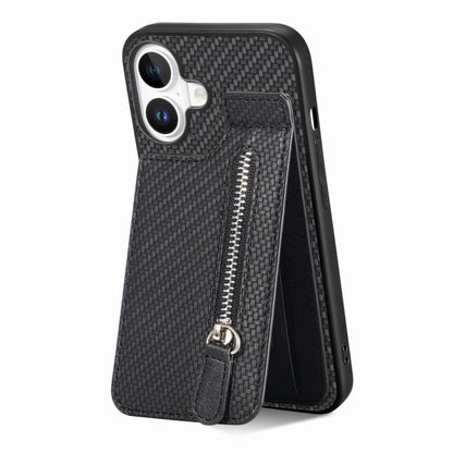 For iPhone 16 Carbon Fiber Vertical Flip Zipper Phone Case(Black) - iPhone 16 Cases by buy2fix | Online Shopping UK | buy2fix