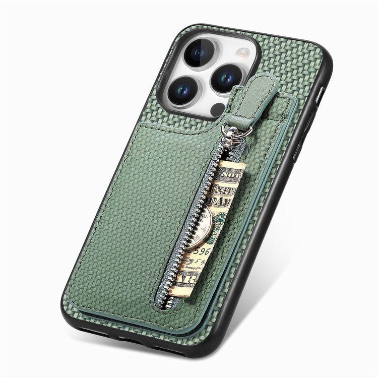 For  iPhone 16 Pro Max Carbon Fiber Vertical Flip Zipper Phone Case(Green) - iPhone 16 Pro Max Cases by buy2fix | Online Shopping UK | buy2fix