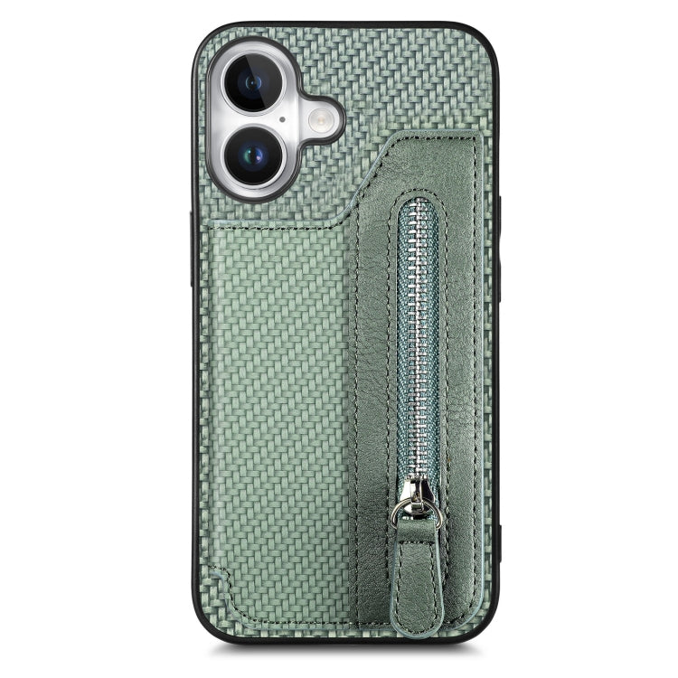 For iPhone 16 Plus Carbon Fiber Horizontal Flip Zipper Wallet Phone Case(Green) - iPhone 16 Plus Cases by buy2fix | Online Shopping UK | buy2fix