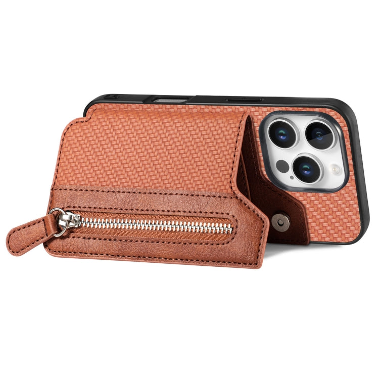 For iPhone 16 Pro Carbon Fiber Horizontal Flip Zipper Wallet Phone Case(Brown) - iPhone 16 Pro Cases by buy2fix | Online Shopping UK | buy2fix