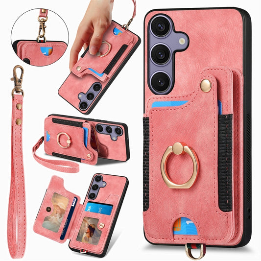 For Samsung Galaxy S25 5G Retro Skin-feel Ring Multi-card Wallet Phone Case(Pink) - Galaxy S25 5G Cases by buy2fix | Online Shopping UK | buy2fix