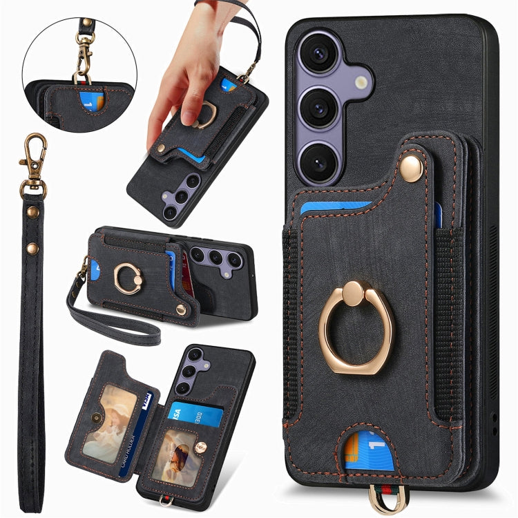 For Samsung Galaxy S25+ 5G Retro Skin-feel Ring Multi-card Wallet Phone Case(Black) - Galaxy S25+ 5G Cases by buy2fix | Online Shopping UK | buy2fix