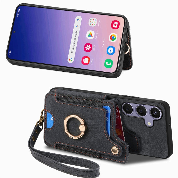 For Samsung Galaxy S25+ 5G Retro Skin-feel Ring Multi-card Wallet Phone Case(Black) - Galaxy S25+ 5G Cases by buy2fix | Online Shopping UK | buy2fix