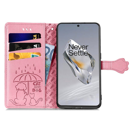 For OnePlus 12 Cat and Dog Embossed Leather Phone Case(Pink) - OnePlus Cases by buy2fix | Online Shopping UK | buy2fix