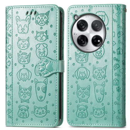 For OnePlus 12 Cat and Dog Embossed Leather Phone Case(Green) - OnePlus Cases by buy2fix | Online Shopping UK | buy2fix