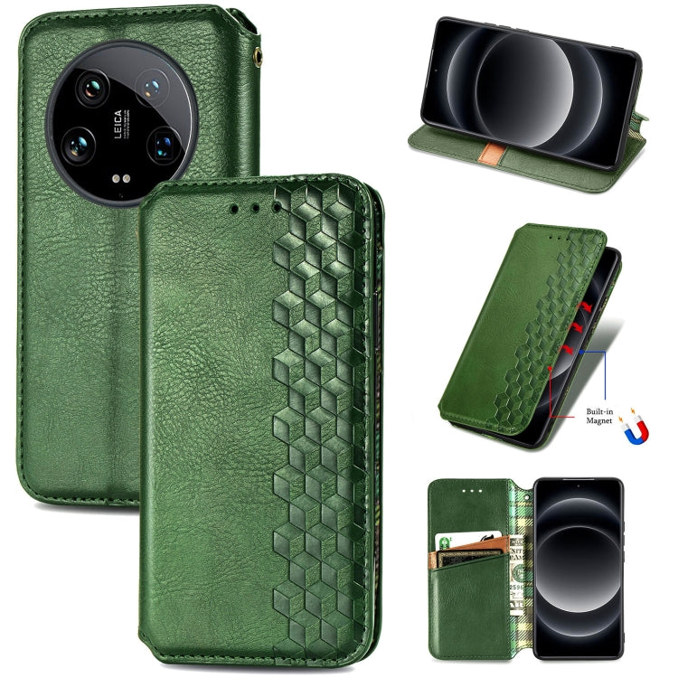 For Xiaomi 14 Ultra Cubic Grid Pressed Magnetic Leather Phone Case(Green) - 14 Ultra Cases by buy2fix | Online Shopping UK | buy2fix