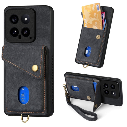 For Xiaomi 14 Retro Card Wallet Fold Leather Phone Case with Strap(Black) - 14 Cases by buy2fix | Online Shopping UK | buy2fix
