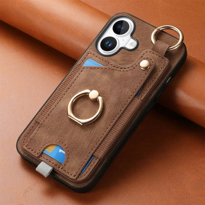 For iPhone 16 Retro Skin-feel Ring Card Bag Phone Case with Hang Loop(Brown) - iPhone 16 Cases by buy2fix | Online Shopping UK | buy2fix