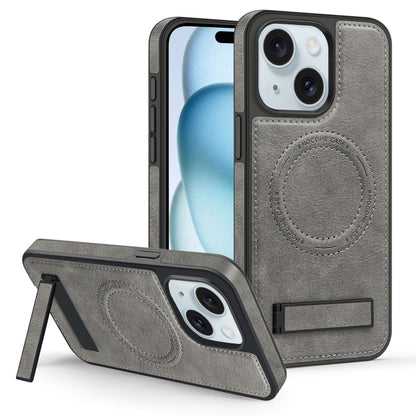 For iPhone 15 Multi-function Holder MagSafe PU Phone Case(Gray) - iPhone 15 Cases by buy2fix | Online Shopping UK | buy2fix