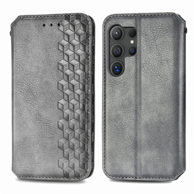 For Samsung Galaxy S25 Ultra 5G Cubic Grid Pressed Magnetic Leather Phone Case(Gray) - Galaxy S25 Ultra 5G Cases by buy2fix | Online Shopping UK | buy2fix