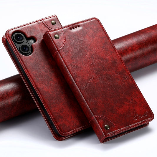 For iPhone 16 Suteni Baroque Calf Texture Buckle Wallet Leather Phone Case(Red) - iPhone 16 Cases by Suteni | Online Shopping UK | buy2fix