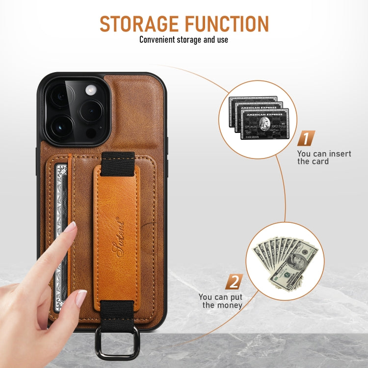 For iPhone 16 Pro Suteni H13 Card Wallet Wrist Strap Holder PU Phone Case(Brown) - iPhone 16 Pro Cases by Suteni | Online Shopping UK | buy2fix