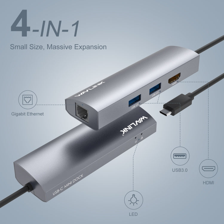 WAVLINK WL-UHP3408 USB HUB Adapter 4-in-1 Type-C to HD + 2xUSB3.0 + Gigabit RJ45 Docking Station - USB HUB by WAVLINK | Online Shopping UK | buy2fix