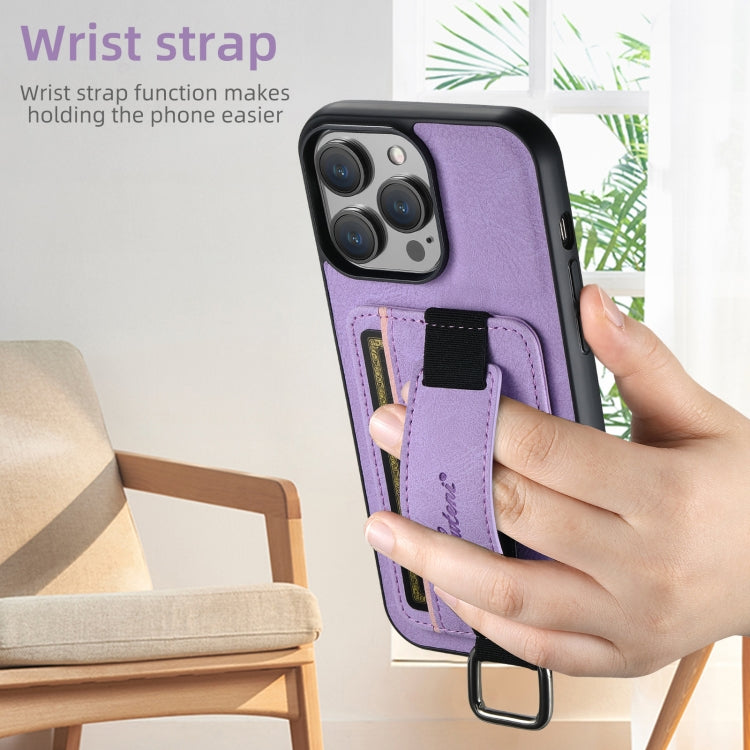 For iPhone 16 Pro Suteni H13 Litchi Leather Wrist Strap Wallet Back Phone Case(Purple) - iPhone 16 Pro Cases by Suteni | Online Shopping UK | buy2fix