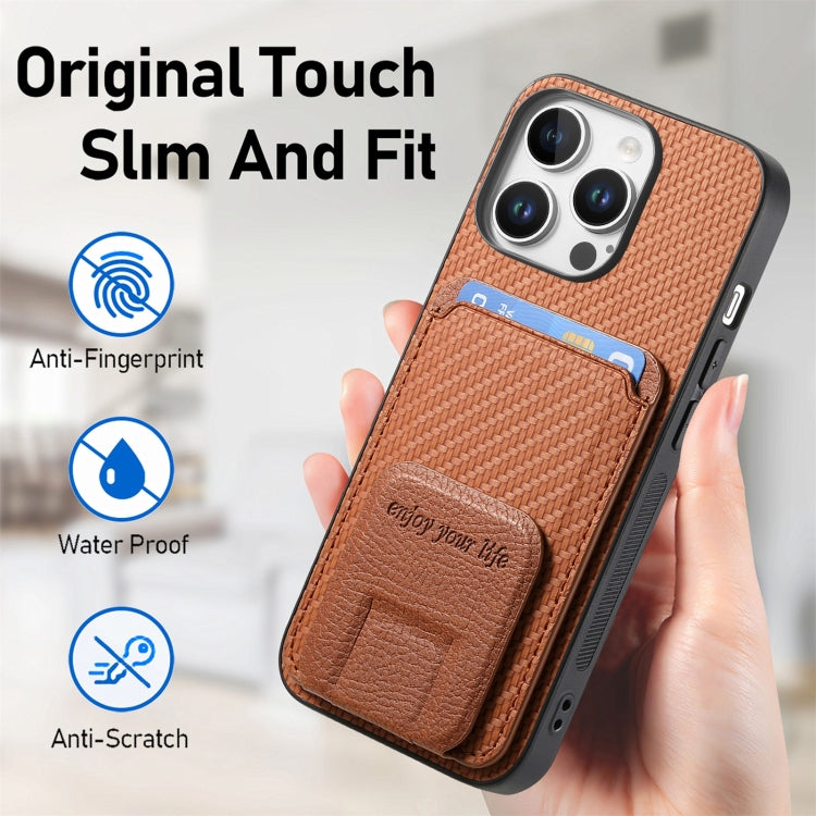 For iPhone 16 Pro Max Carbon Fiber Card Bag Fold Stand Phone Case(Brown) - iPhone 16 Pro Max Cases by buy2fix | Online Shopping UK | buy2fix