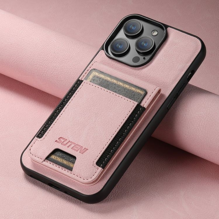 For iPhone 15 Pro Max Suteni H03 Litchi Leather Card Bag Stand Back Phone Case(Pink) - iPhone 15 Pro Max Cases by Suteni | Online Shopping UK | buy2fix