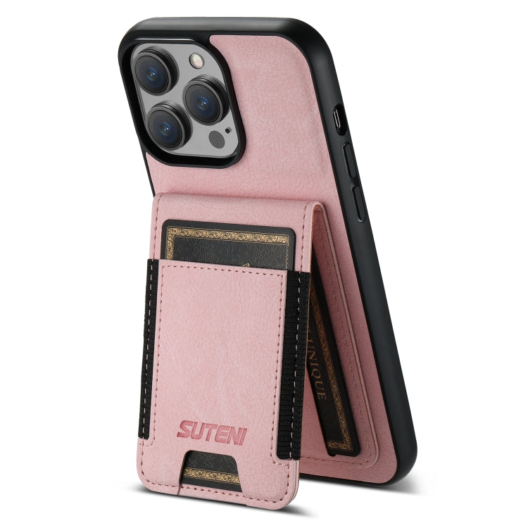 For iPhone 15 Pro Max Suteni H03 Litchi Leather Card Bag Stand Back Phone Case(Pink) - iPhone 15 Pro Max Cases by Suteni | Online Shopping UK | buy2fix