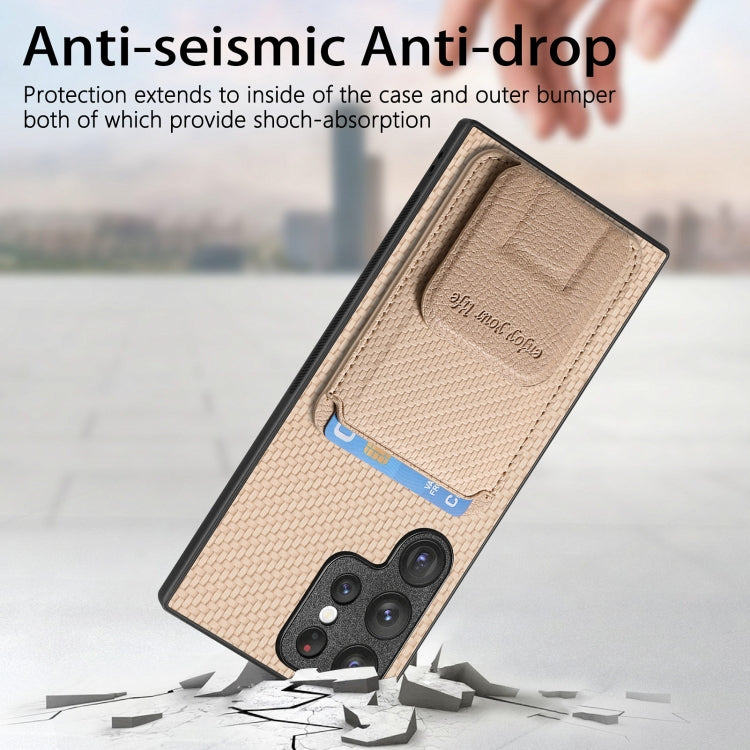 For Samsung Galaxy S22 5G Carbon Fiber Card Bag Fold Stand Phone Case(Khaki) - Galaxy S22 5G Cases by buy2fix | Online Shopping UK | buy2fix