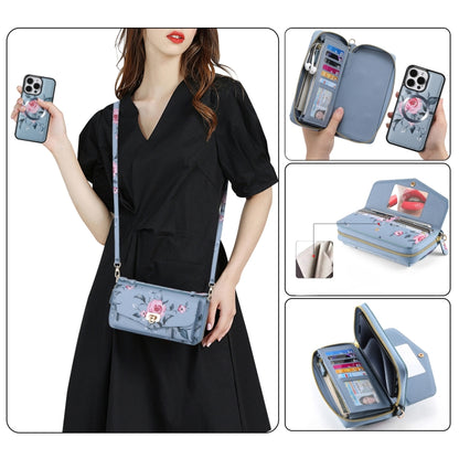 For iPhone 15 Plus MagSafe Flower Multi-functional Crossbody Zipper Wallet Leather Phone Case(Blue) - iPhone 15 Plus Cases by buy2fix | Online Shopping UK | buy2fix