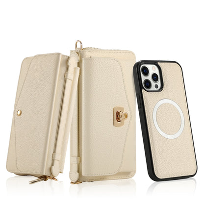 For iPhone 12 Pro Max MagSafe Crossbody Multi-functional Zipper Wallet Litchi Leather Phone Case(White) - iPhone 12 Pro Max Cases by buy2fix | Online Shopping UK | buy2fix