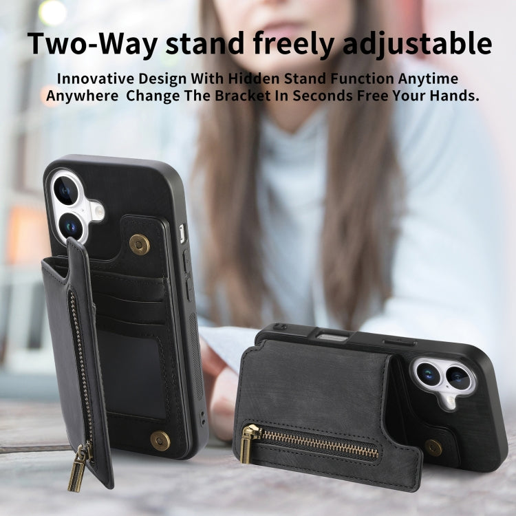 For iPhone 16 Plus Retro Leather Zipper Wallet Back Phone Case(Black) - More iPhone Cases by buy2fix | Online Shopping UK | buy2fix