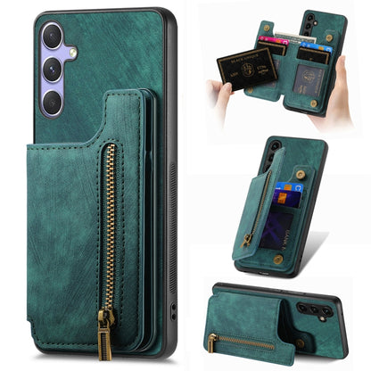 For Samsung Galaxy S25+ 5G Retro Leather Zipper Wallet Back Phone Case(Green) - Galaxy S25+ 5G Cases by buy2fix | Online Shopping UK | buy2fix