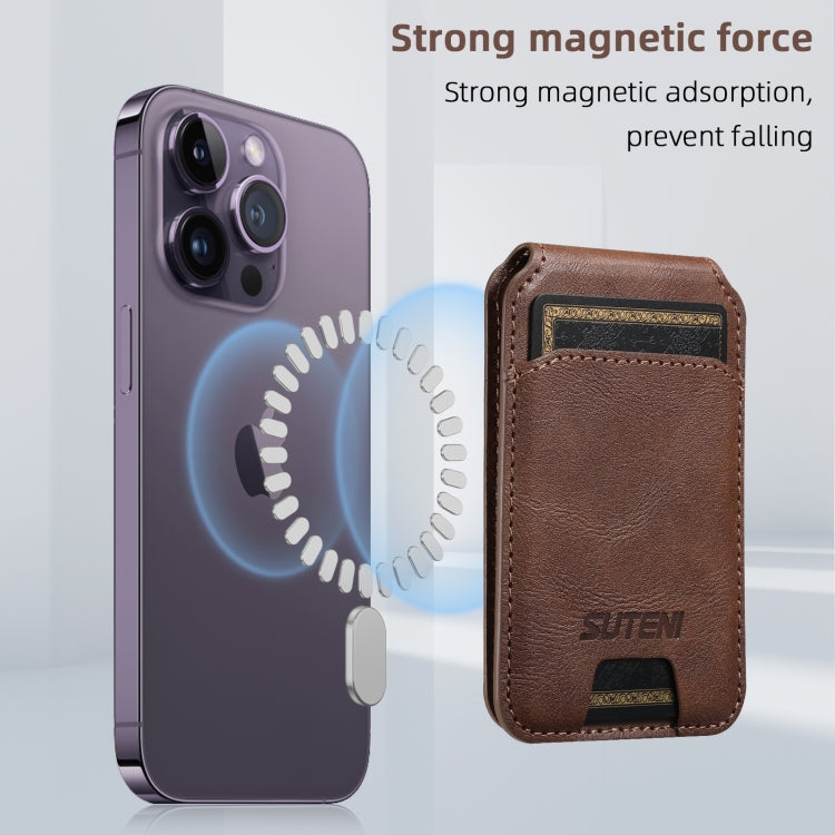 Suteni S2 Phone Magnetic Card Case Card Sleeve MagSafe Magnetic Coil PU Leather(Brown) -  by Suteni | Online Shopping UK | buy2fix