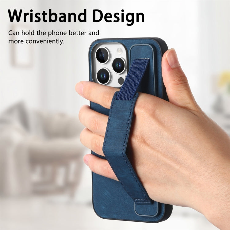 For iPhone 16 Pro Max Retro Wristband Holder Leather Back Phone Case(Blue) - iPhone 16 Pro Max Cases by buy2fix | Online Shopping UK | buy2fix